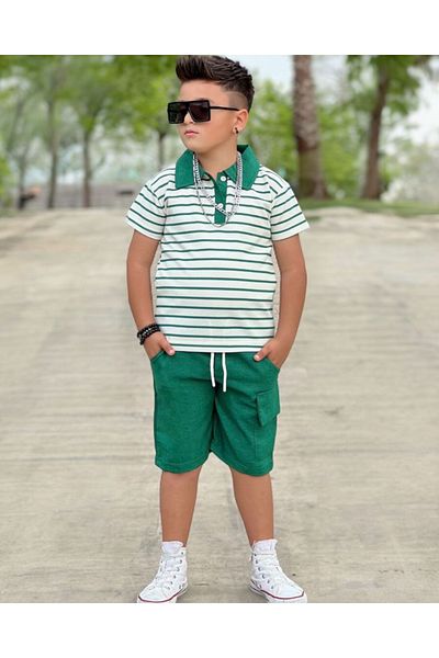 Modaayaz Polo Collar Striped Patterned Boy's Green Top-Down Set