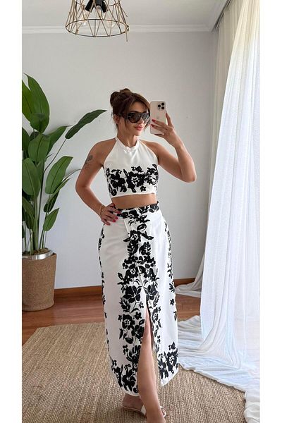 Daves Ethnic Patterned Black Crop and Slit Maxi Skirt Set