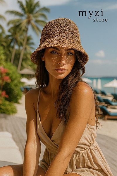 MYZİ STORE Дамска лятна сламена плажна шапка с широка периферия (с регулируем размер)