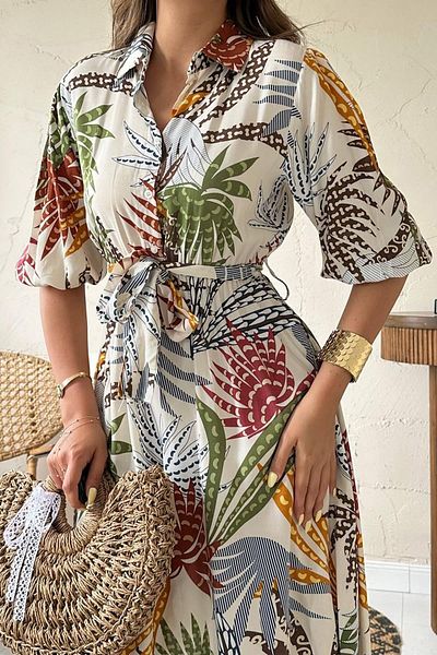 sharin Women's Summer Colorful Floral Print Shirt Collar Midi Length Dress 10E-6872