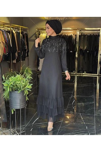 RSTM Boutique Pearl Detailed Tulle Lining Ruffles Evening Dress for Special Occasions