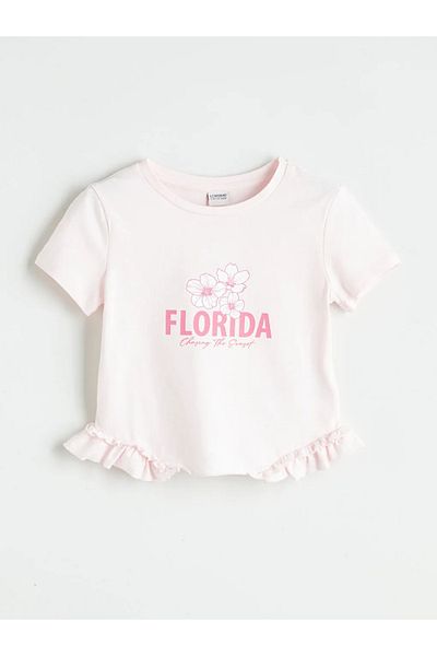 LC Waikiki Παιδικό μπλουζάκι για κορίτσια με στάμπα LCW Kids Pink Crew Neck Florida