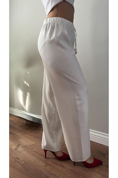 memetti m şekil Women's White Elastic Waist Soft Linen (Sofia) Wide Leg Palazzo Trousers