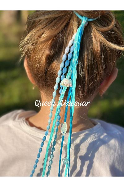 QUEEN AKSESUAR Colorful Princess Blue White Colored Glitter Kuromi Heart Fancy Mesh Hair Children's Rubber Buckle Hairpiece