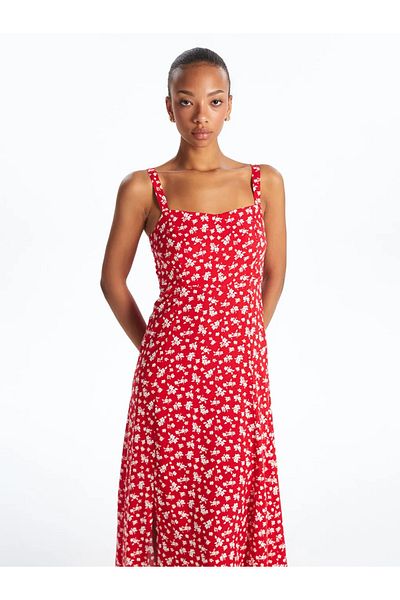 LC Waikiki Lcw Vision Red Square Neck Floral Strap Dress