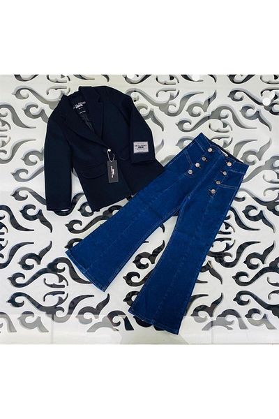 Marka Sensin Kids Girl's Logo Detailed Solid Color Blazer Jacket Buttoned Wide Leg Jeans 2-Piece Set