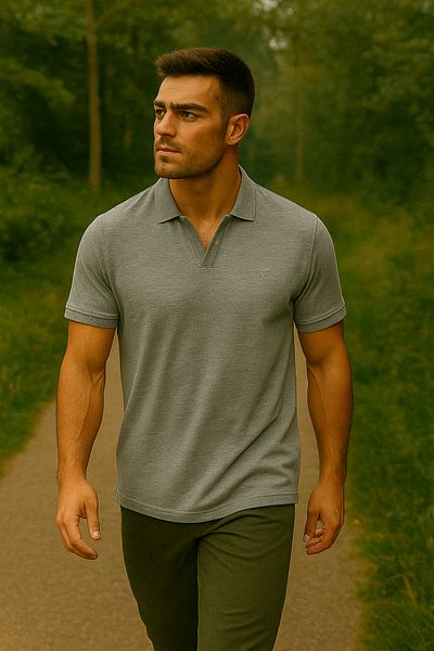 Maccali Men's Short Sleeve Cotton Gray Polo Neck Basic T-Shirt