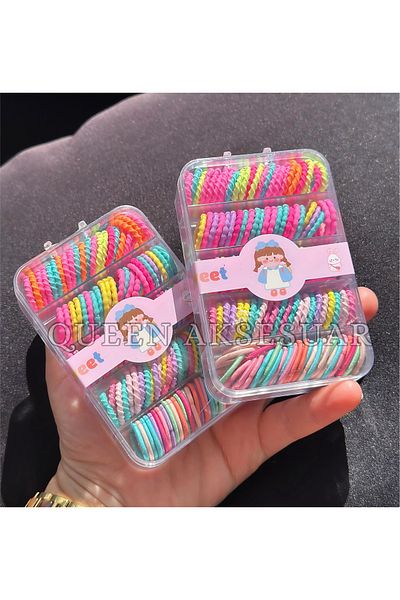 QUEEN AKSESUAR Vibrant Neon Pastel Mixed Color Colorful Towel Thin Small Knitted Rubber Buckle Set Boxed