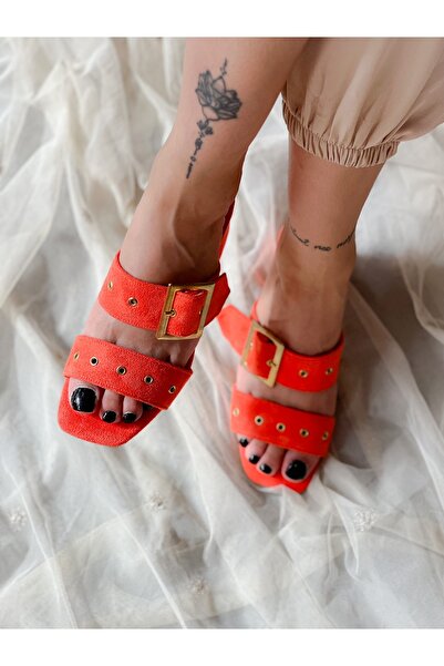 BERFONA Twee Orange Suede Buckle Slippers