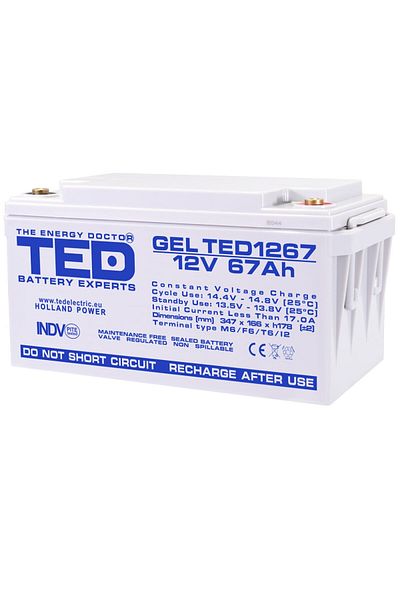 TED Electric Baterie Reincarcabila GEL Deep Cycle 12V 67Ah M6 VRLA, Dimensiuni 350x166x176 mm, TED1267