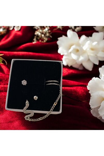 rafiel Pirinç Gümüş Kaplama Yılanlı 3'lü Kadın Kıkırdak Küpe Seti