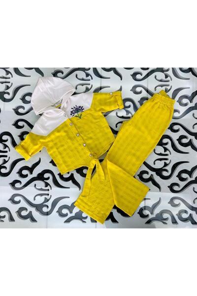 Marka Sensin Kids Girl's Pearl Buttoned Embroidery Detailed Tied Front Shirt Checkered Pants Set of 2