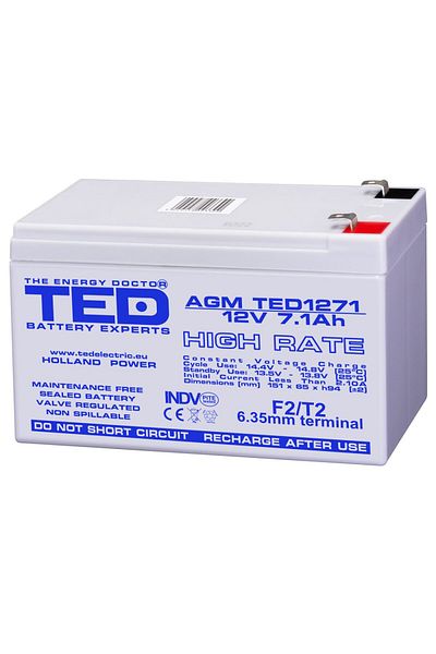 TED Electric Baterie Reincarcabila F2 12V High Rate VRLA 7.1Ah AGM, Dimensiuni 151x65x95 mm, TED Electric TED1271
