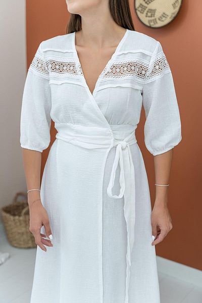 sharin Women's Summer Ecru Lace Detailed Double Breasted Collar Midi Length Linen Dress 10E-6988