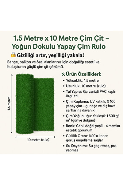BARAN ÇİT 🌿 1.5 Metre x 10 Metre Çim Çit – Yoğun Dokulu Yapay Çim Rulo