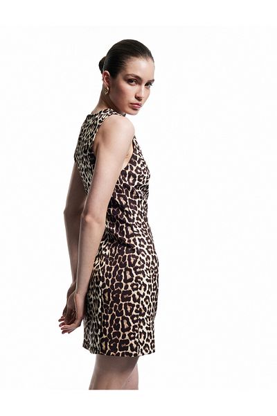 Koton Rochie mini cu imprimeu leopard, fără mâneci, slim fit, cu decolteu în formă de A