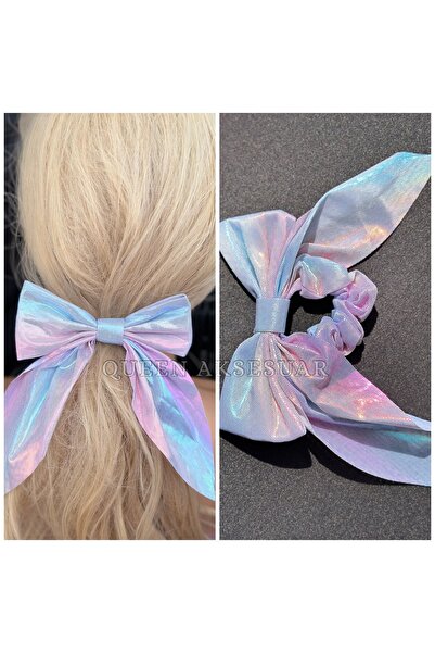 QUEEN AKSESUAR Gold Pink Blue Hologram Mermaid Shiny Glitter Colorful Long Scarf Big Bow Elastic Buckle