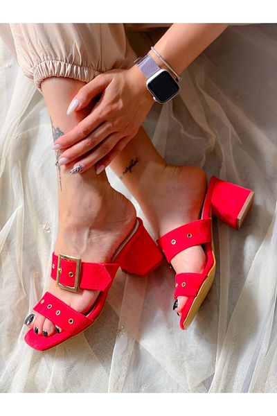 BERFONA Twee Red Suede Buckle Slippers