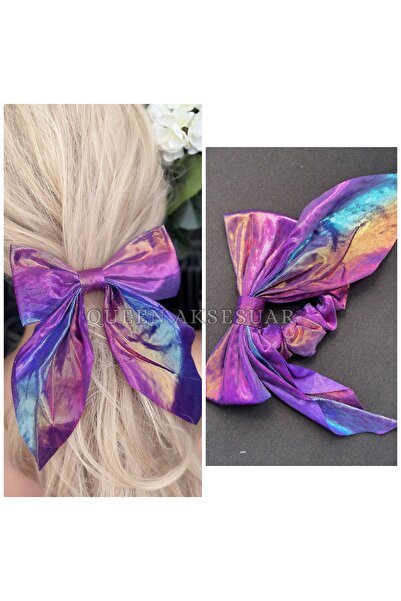 QUEEN AKSESUAR Hologramă albastru violet sirenă sclipitor cu sclipici colorat coadă lungă cu eșarfă cu fundă mare cataramă elastică