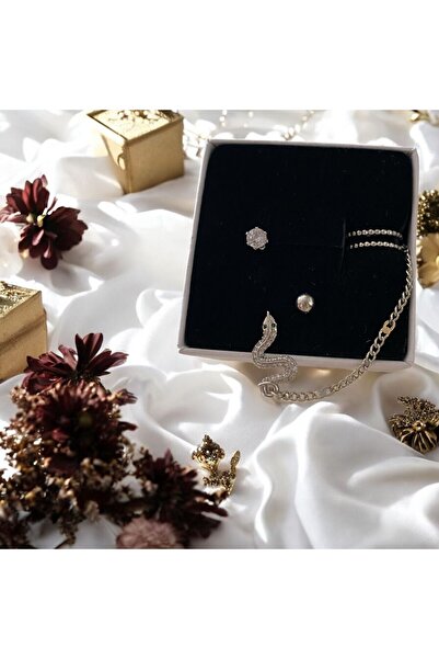 rafiel Pirinç Gümüş Kaplama Yılanlı 3'lü Kadın Kıkırdak Küpe Seti