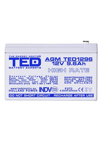TED Electric Baterie Reincarcabila F2 12V High Rate VRLA 9.6Ah AGM, Dimensiuni 151x65x95 mm, TED Electric TED1296