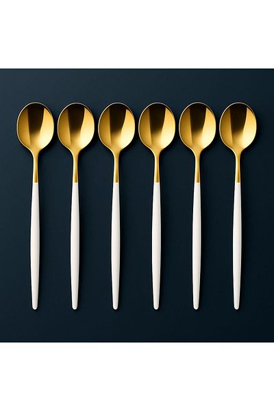 TARIK HOME 6-Person Gold White Modern Round Shape Stainless Steel 6-Piece Spoon Set
