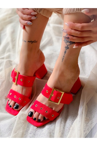 BERFONA Twee Red Suede Buckle Slippers