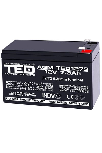 TED Electric Baterie Reincarcabila F2/T2 12V Stationara VRLA 7.3Ah AGM, Dimensiuni 151x65x94 mm, TED1273