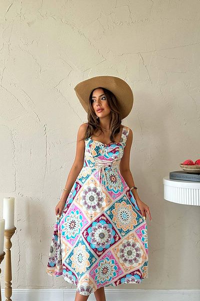 sharin Women's Summer Colorful Heart Collar Lace Detailed Patterned Midi Length Dress 10E-6931