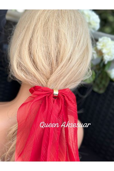 QUEEN AKSESUAR Luxury Design Red Gold Brooch Silvery Chiffon Tulle Long Tail Scarf Elastic Buckle