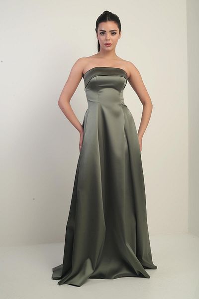 By Saygı Women's Strapless Lined Long Satin Evening Dress with Pockets