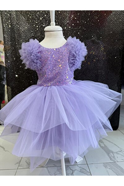 BONİTA KOLLARI TÜL DETAYLI KABARIK PARLAK PULLU KIZ ÇOCUK ABİYE ELBİSE