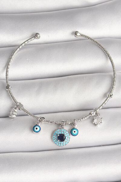 REBORN DESIGN Brass Silver Color Zircon Stone Evil Eye Bead Detail Charm Wome...