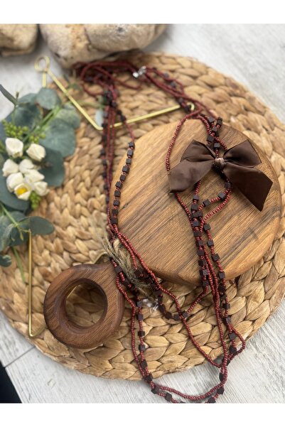 SEDEF TAKI Uzun ahşap küplü fiyonklu Vintage kolye