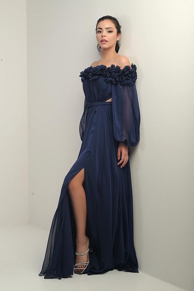 By Saygı Women's Floral Madonna Collar Belted Lined Chiffon Long Dress