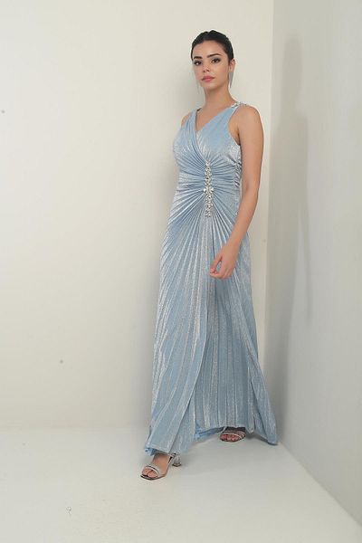 By Saygı Women's Double Breasted Collar Thick Stone Detailed Front Stones Shirred Slit Long Evening Dress