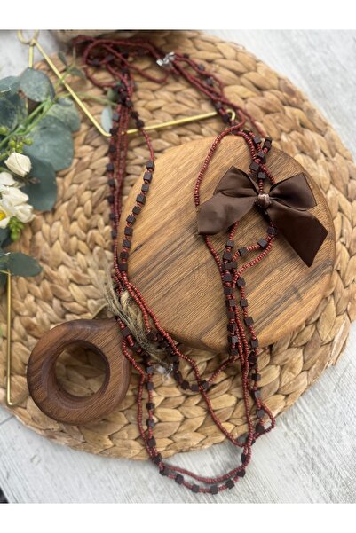 SEDEF TAKI Uzun ahşap küplü fiyonklu Vintage kolye