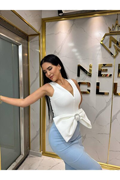 asyadabutik Γυναικείο εισαγόμενο υφασμάτινο φόρεμα με κορδέλα με λεπτομέρεια με σχισμή μολύβι