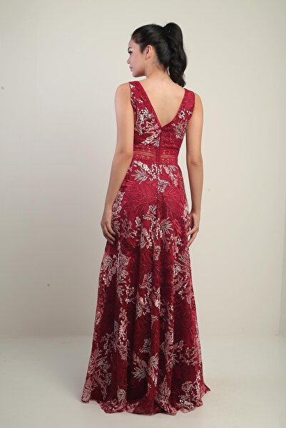 By Saygı Women's V-Neck Thick Strap Low Waist Embroidered Long Flared Dress