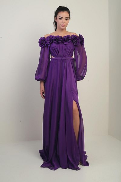 By Saygı Women's Floral Madonna Collar Belted Lined Chiffon Long Dress