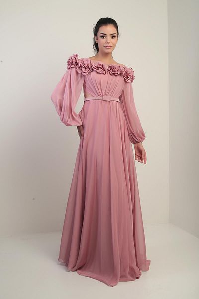 By Saygı Women's Floral Madonna Collar Belted Lined Chiffon Long Dress