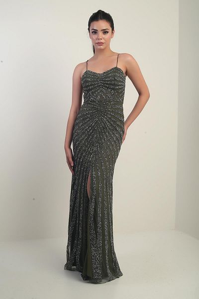 By Saygı Women's Rope Strap Flock Stone Printed Lined Tulle Long Dress