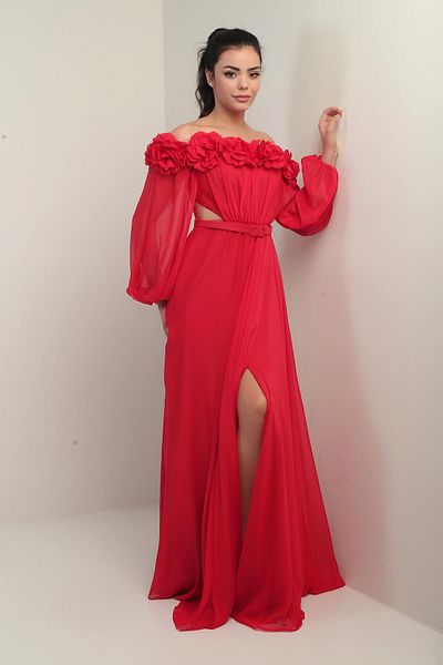 By Saygı Women's Floral Madonna Collar Belted Lined Chiffon Long Dress