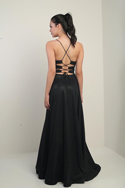 By Saygı Lined Glitter Long Evening Dress with Rope Straps
