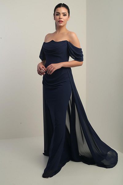 By Saygı Women's Low Sleeve Underwire Lined Cape Chiffon Long Dress