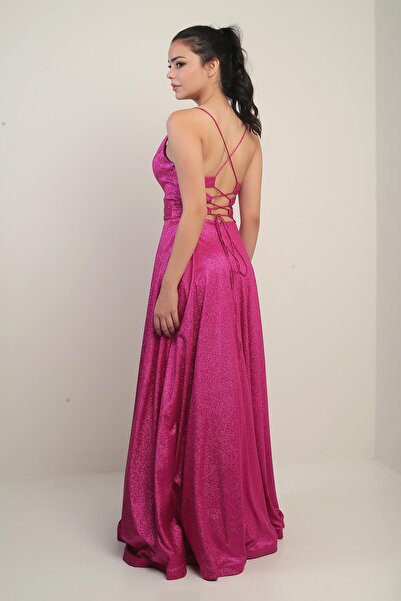 By Saygı Lined Glitter Long Evening Dress with Rope Straps