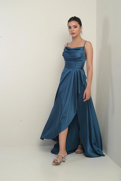 By Saygı Rochie lungă din satin pentru femei, cu curea din frânghie, cu șireturi la spate