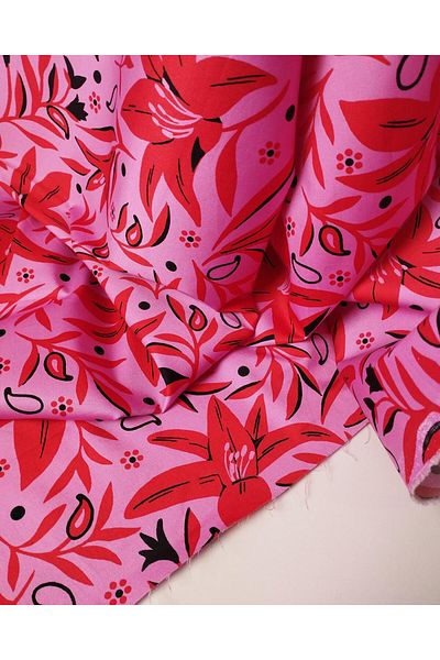 Kumaş Parça Pink Red Black Floral Stretch Cotton (Width 140 cm X Length 240 cm)