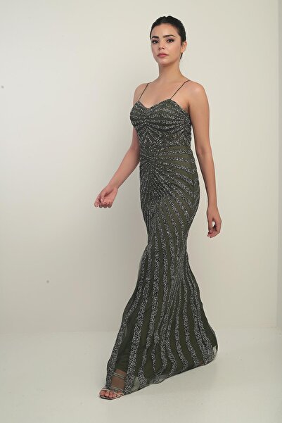 By Saygı Kadın İp Askılı Flok Taş Baskılı Astarlı Tül Uzun Elbise