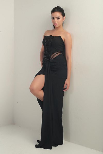By Saygı Women's Beaded Detailed Waist Transparent Lined Long Strapless Dress